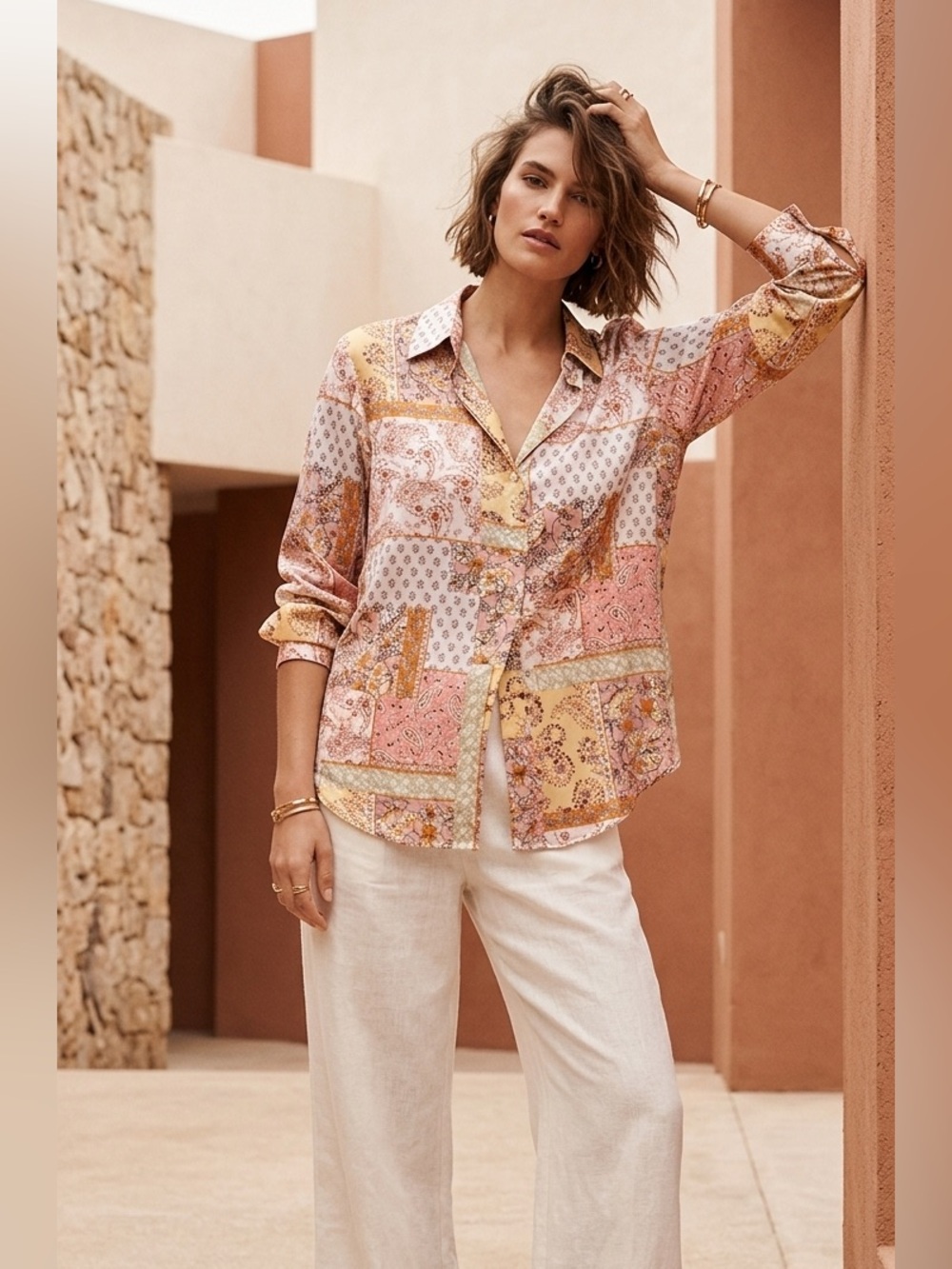 Zara Women's Floral Patchwork Button-Up Blouse - Pink/Yellow